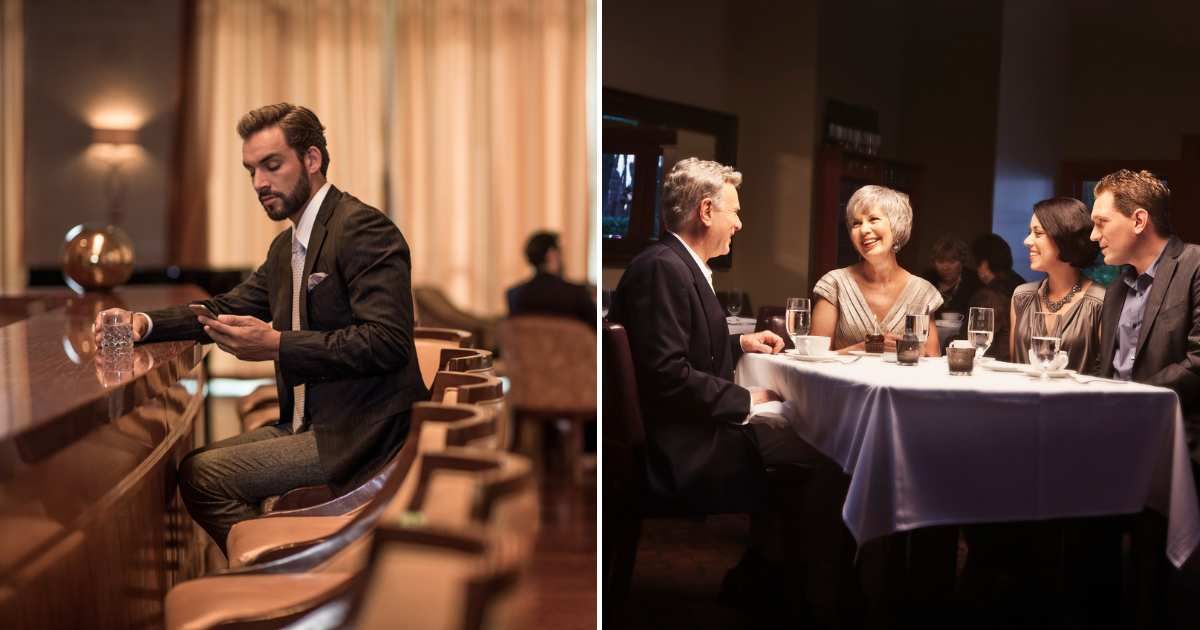 A man ordering a drink at the bar (L). People having a family dinner (R).(Representative Cover Image Source: Getty Images | Photo by Antonio Saba and Steve Peixotto Photography)