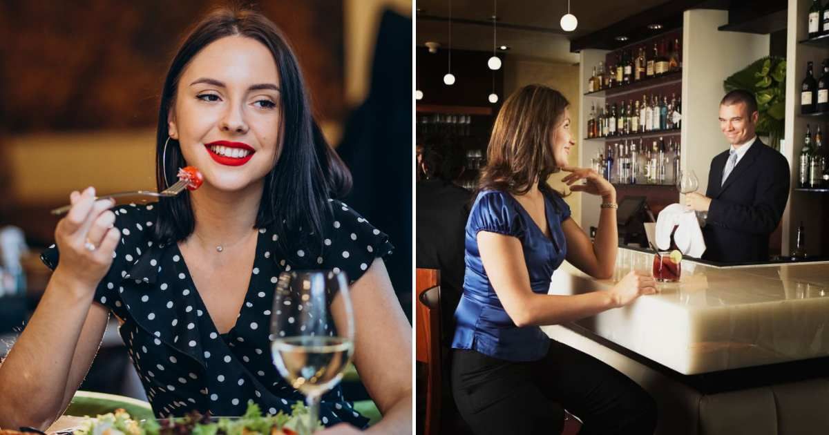 (L) A woman enjoying a meal alone at a restaurant. (R) A woman speaking to a bartender. (Representative Cover Image Source: L - Freepik| Senivpetro, R - Getty Images | Jupiterimages)
