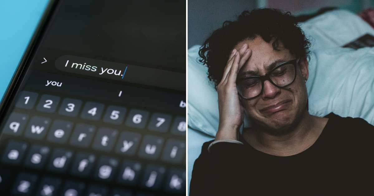  Closeup of an 'I miss you' text on screen (L). A woman crying (R) (Representative Cover Image Source: Getty Images and Unsplash | Photo by  MMPhoto21 and Claudia Wolff )