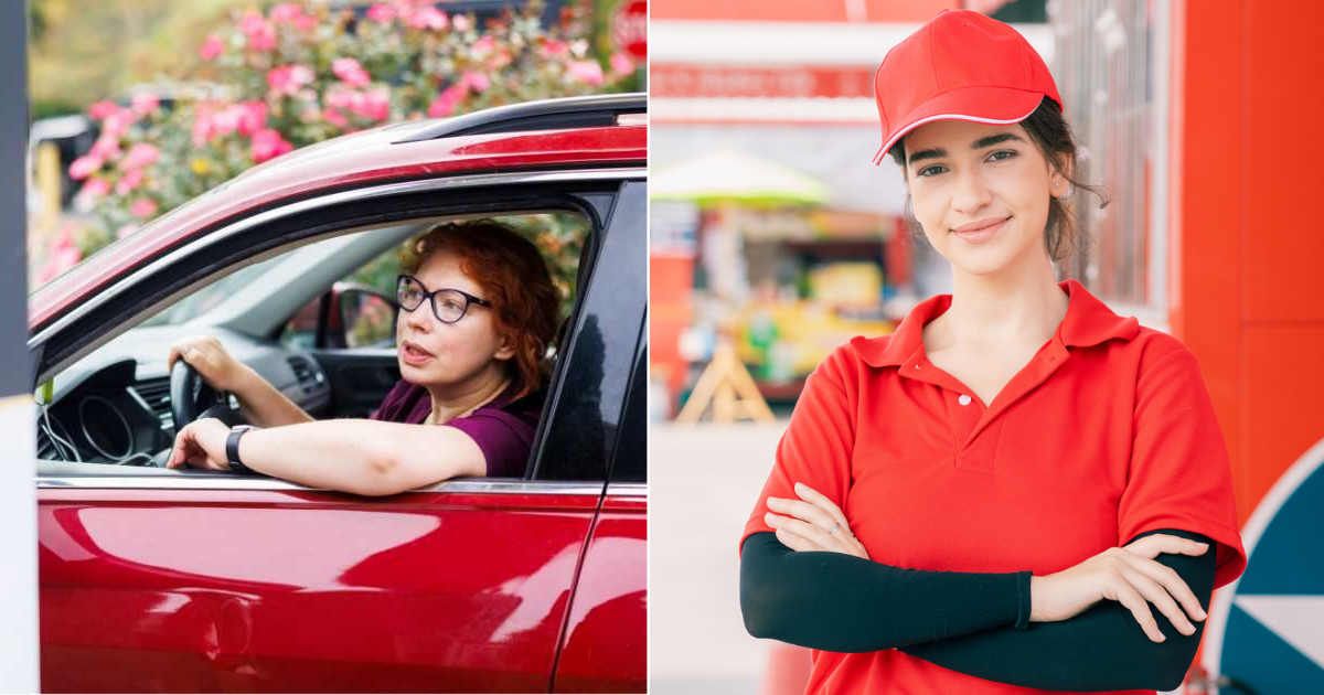(L) Woman talking to drive-thru staff. (R) Drive-thru staff at a restaurant. (Representative Cover Image Source: Getty Images | (L) Alex potemkin, (R) coffeekai)