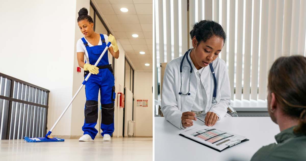 (L) Female janitor. (R) Young doctor talking to patient. (Representative Cover Image Source: Getty Images | (L) Constantinis, (R) cottonbro studio)