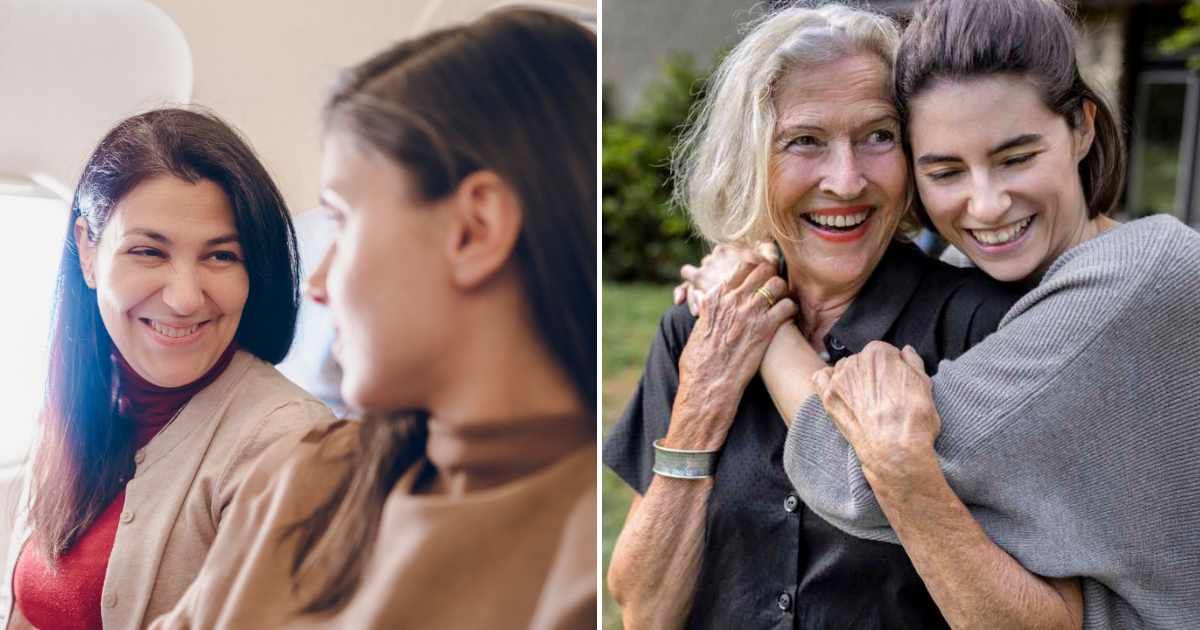 One woman hugging another elderly woman (L). Two woman talking inside a plane (R). (Representative Cover Image Source: Getty Images | Photo by Oliver Rossi and Vilin Visuals)