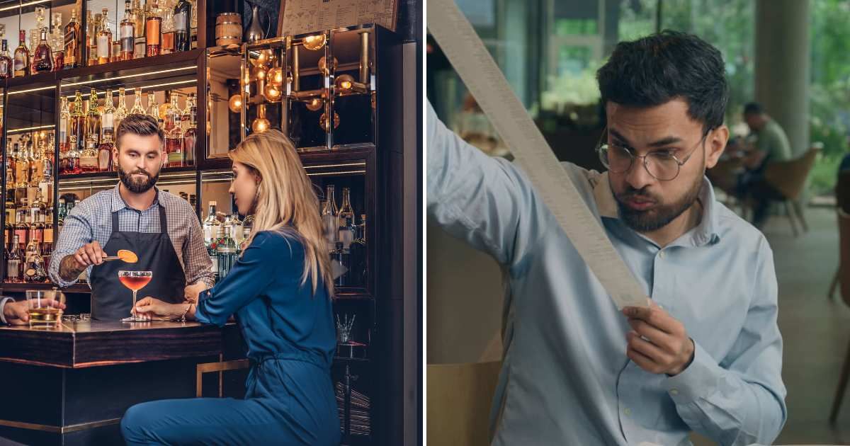 Man bartender serving a woman (L) A man shocked checking bill (R) (Representative Cover Image Source: Getty Images and Freepik | Photo by fxquadro and Yuliia Kaveshnikova)