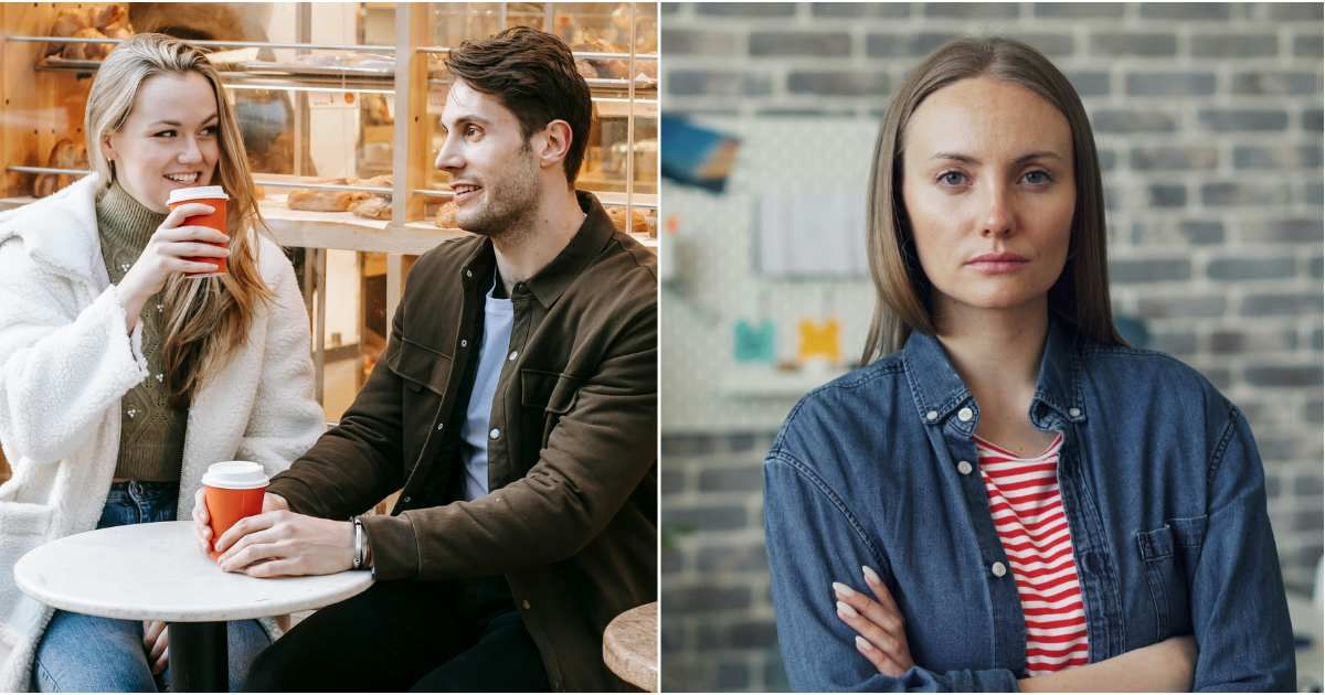 (L) Couple enjoying sipping on coffee during date. (R) Woman angry and upset. (Representative Cover Image Source: Pexels | (L) Katerina Holmes, (R) Vitaly Gariev)