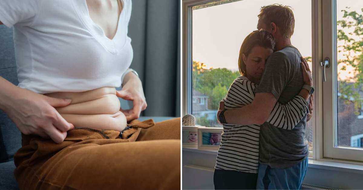 (L) Women holding her belly with visible folds. (R) A couple hugging. (Representative Cover Image Source: L - Getty Images | Boy_Anupong, R - Freepik||Justin Paget)