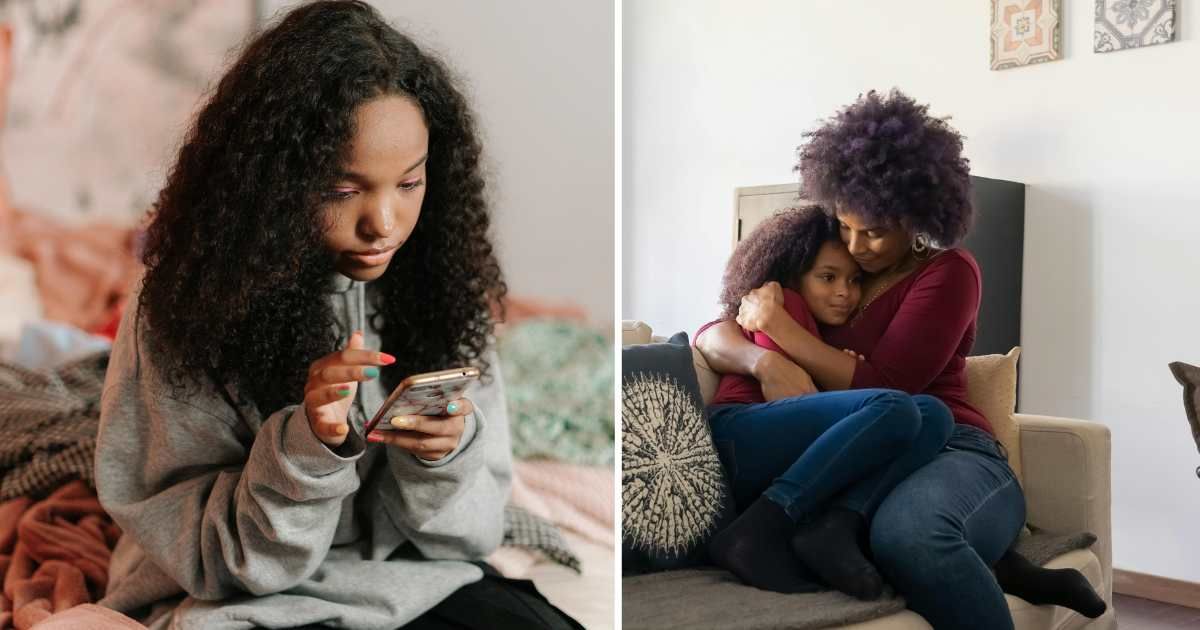 (L) Young girl using phone. (R) Mom hugging daughter. (Representative Cover Image Source: Pexels | (L) cottonbro studio, (R) Kampus production)