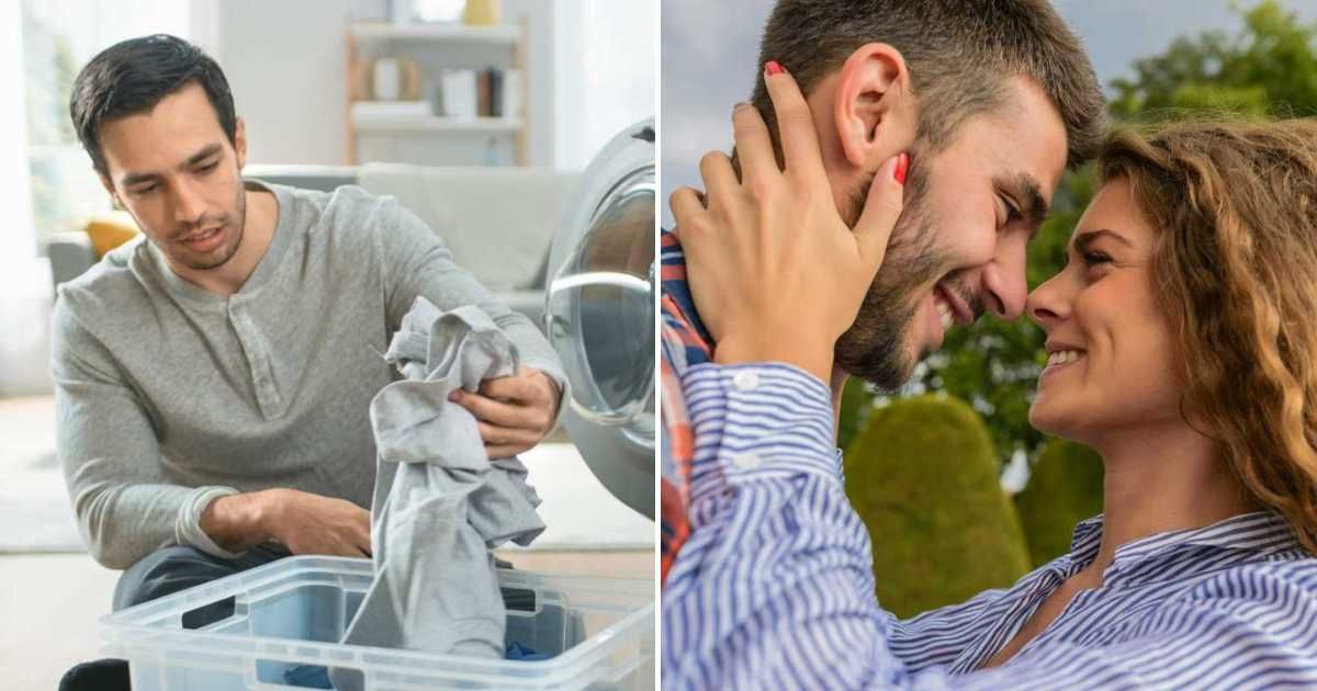 A man doing laundry (L). A couple hugging (R) (Representative Cover Image Source: Getty Images | Photo by gorodenkoff and Vera Arsic)