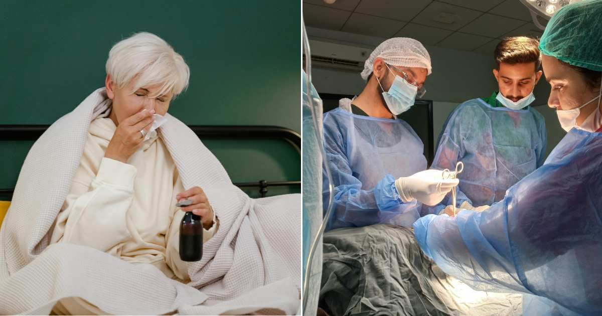 (L) An elderly woman sneezing (R) Doctors performing surgery on a patient (Representative Cover Source: Pexels | (L) Tima Miroshnichenko; (R) UmeSa Memon)