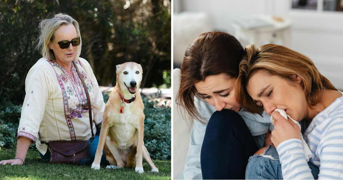 (L) Pet dog next to woman. (R) Two women crying. (Representative Cover Image Source: Pexels | (L) Ajay Lamichhane, (R) www.kaboompics.com)