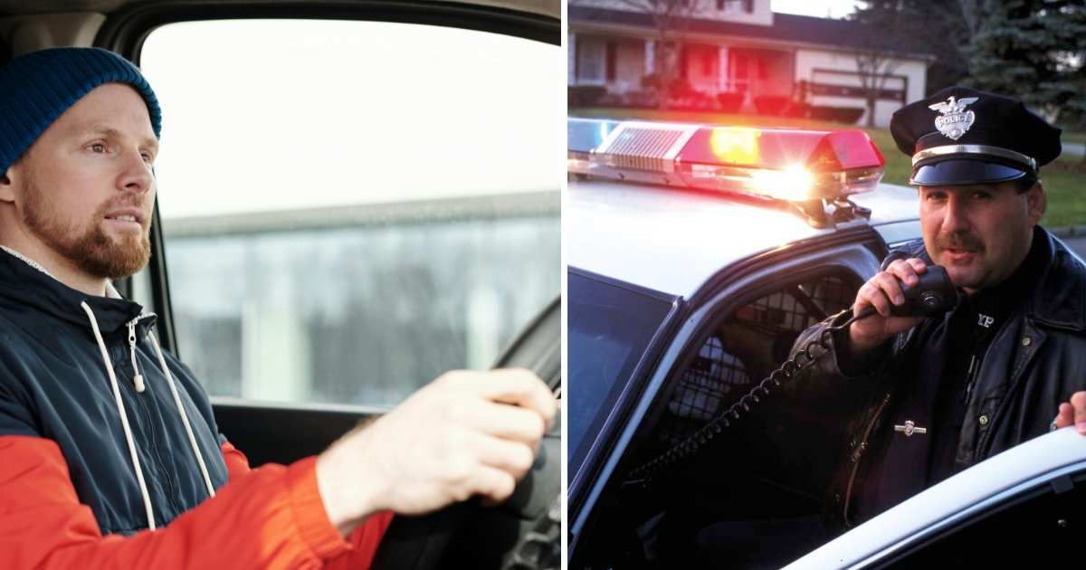 (L) Man driving car. (R) Cop at the scene (Representative Cover Image Source: (L) Pexels |  Norma Mortenson, (R) Getty Images | Roy Morsch)