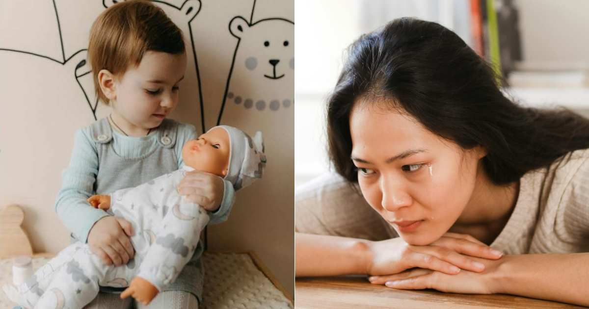 (L) A kid playing with her doll ; (R) A mother crying (Representative Cover Image Source: Pexels | Photo by (L) Polesie Toys; (R) Ron Lach)