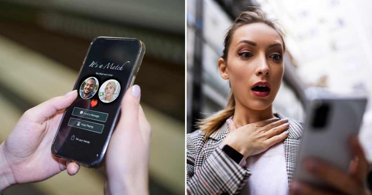 Couple matched on dating platform (L). Woman shocked at seeing a text on phone (R) (Representative Cover Image Source: Getty Images | Photo by KUwe Krejci and Zorica Nastasic)