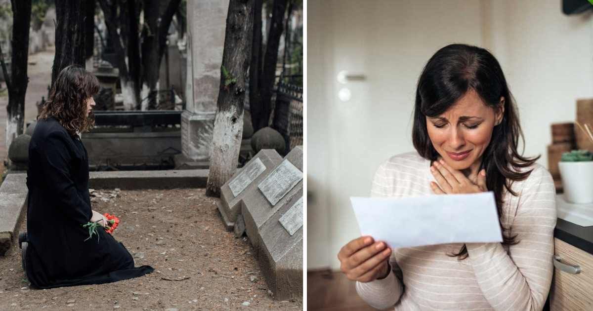 (L) Sad woman sitting at the graveyard, (R) Woman crying reading a letter. Representative Cover Image Source: Pexels, Getty Images | (L) Arina Krasnikova, (R) nortonrsx)