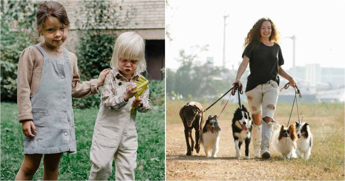 (L) Kids playing in the backyard. (R) A woman walking her dogs (Representative Cover Source: Pexels | (L) Allan Mas; (R) Blue Bird)