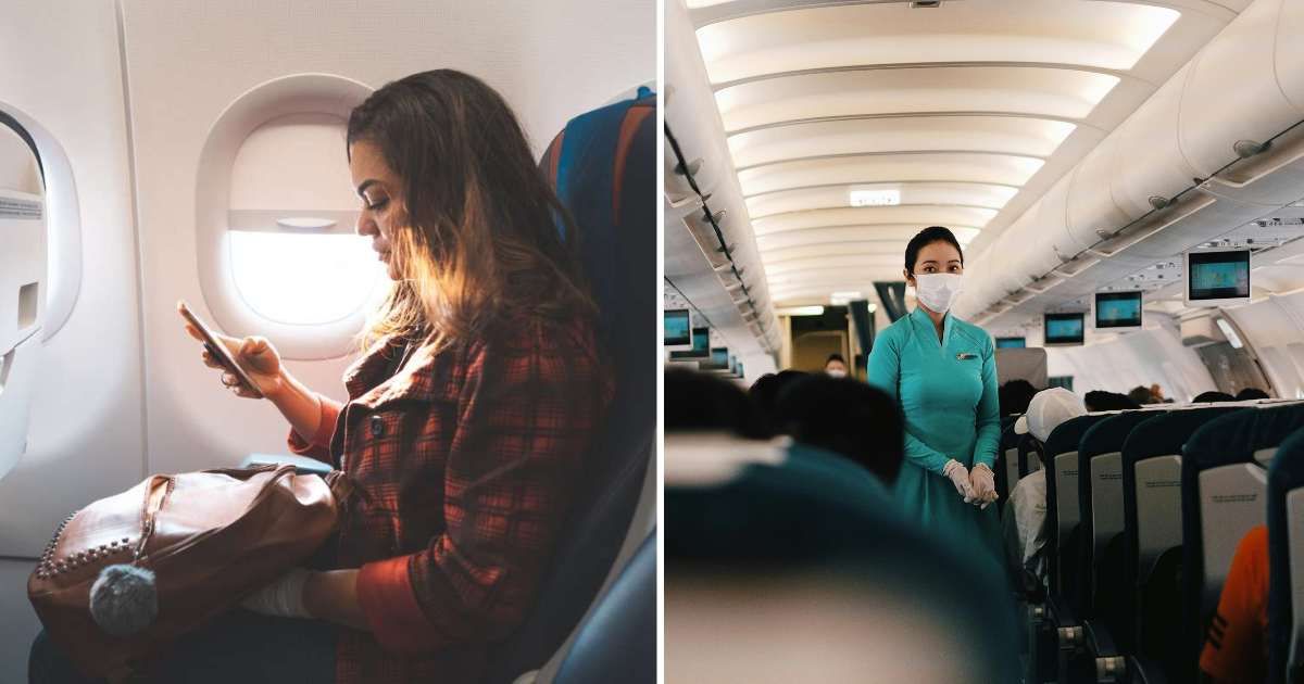 (L) A woman using her phone on a plane. (R) Flight attendant looking at passengers. (Representative Cover Image Source: Getty Images, Pexels | MesquitaFMS, Pew Nguyen)
