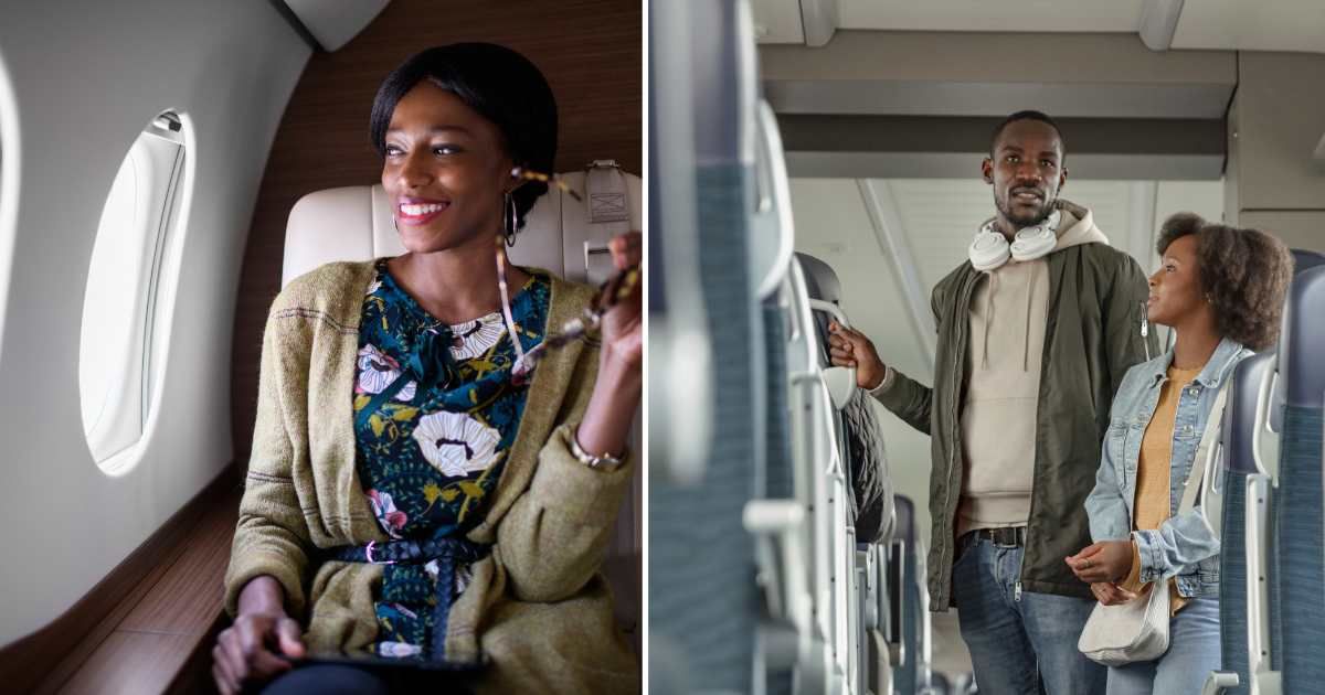 (L) Woman sitting on window seat in plane. (R) Couple looking for seats. (Representative Cover Image Source: Getty Images | (L) Extreme photographer, (R) 24K production)