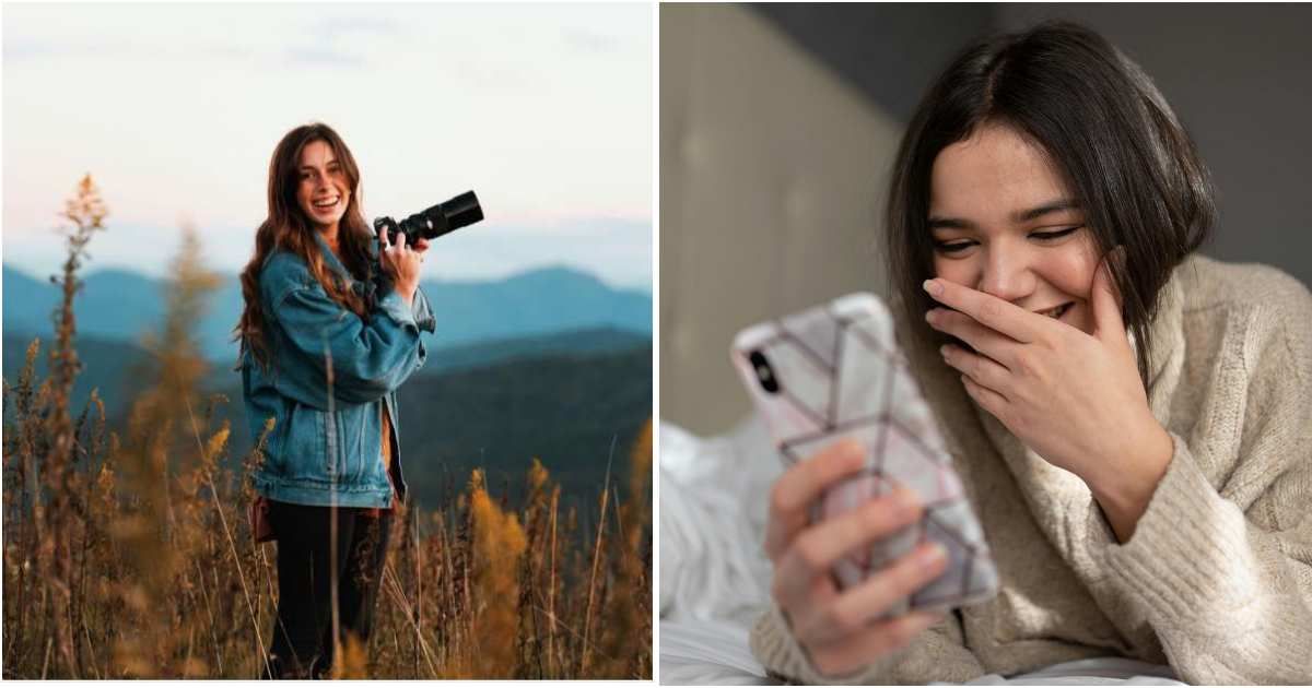 (L) A woman photographer smiling. (R) A woman laughing while texting. (Representative Cover Image Source: L - Getty Images | draganab, R - Pexels| Darlo Fernandez Ruz)