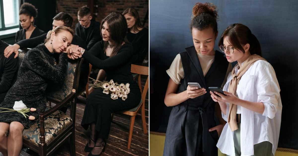 (L) People at funeral. (R) People using phones. (Representative Cover Image Source: Pexels | (L) Pavel Danilyuk, (R) fauxels)