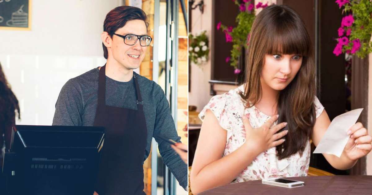 (L) Cashier at the counter, speaking to customers. (R) Woman checking a bill and shocked. (Representative Cover Image Source: L - Pexels| Vitaly Gariev, R - Getty Images | pashyksv)