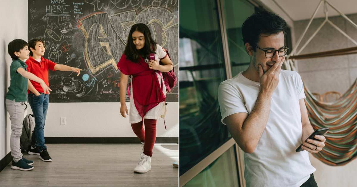 (L) Two boys bullying and laughing at a girl in school (R) A man reading a message on mobile and smiling (Representative Cover Source: Pexels | (L) RDNE Stock project; (R) Helena Lopes)