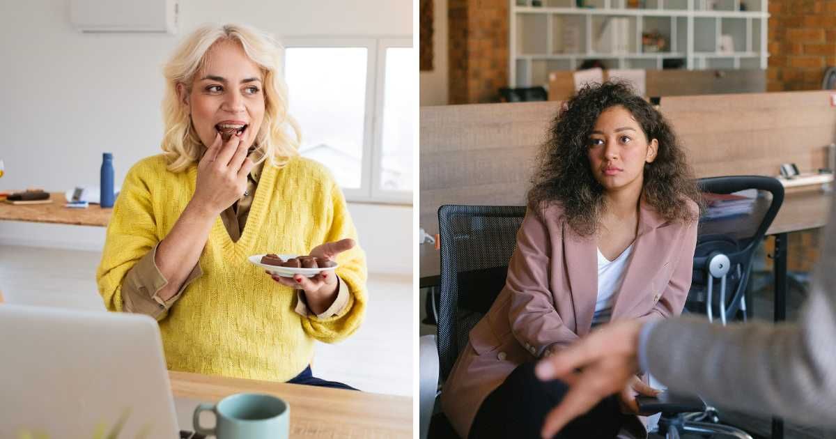 (L) Woman eating chocolates while working. (R) Stunned woman in the office. (Representative Cover Image Source: L - Getty Images| Nastasic, R - Pexels |Anna Shvets)
