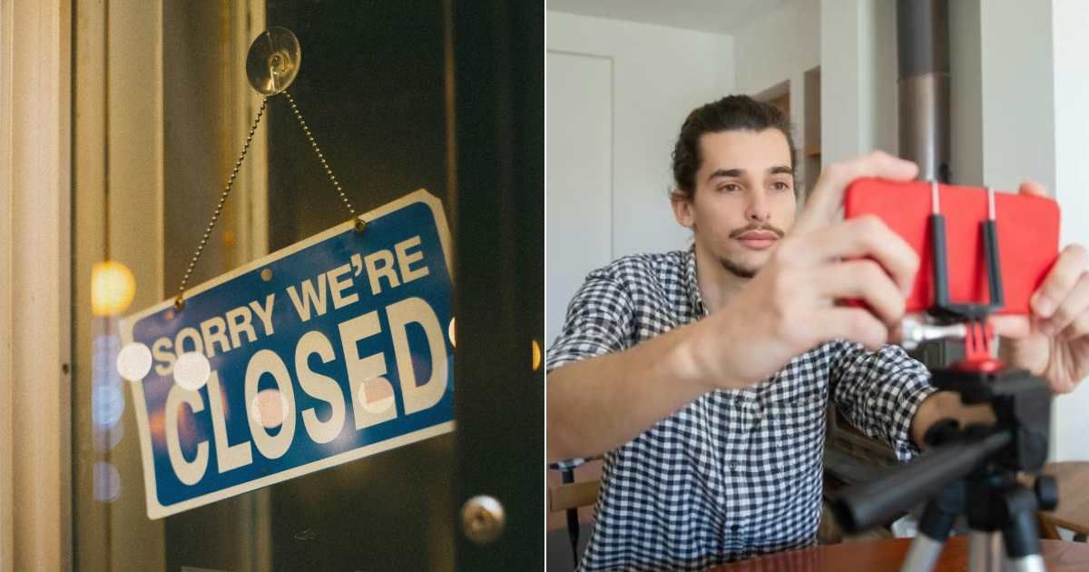 (L) A closed restaurant sign. (R) A teenage boy is recording a video of himself. (Representative Cover Source: Pexels | (L) Erik Mclean; (R) Kampus Production)