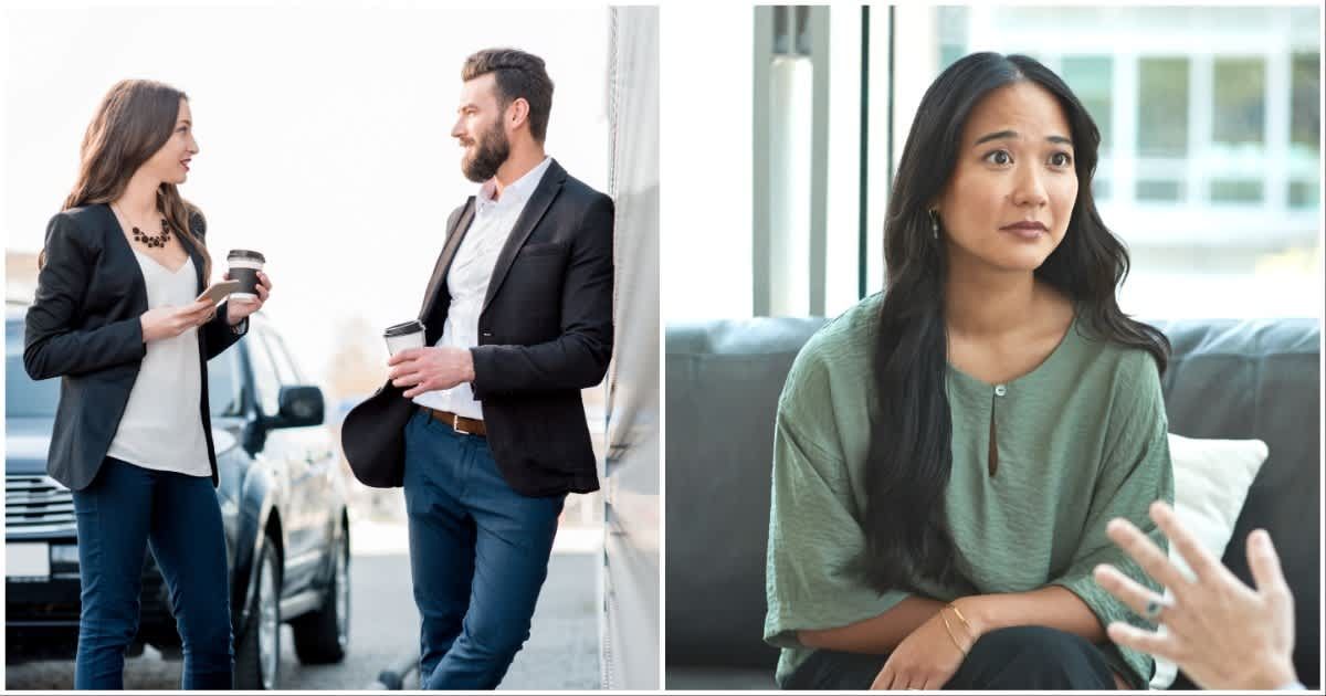 (L) A woman talking to her male coworker ; (R) A woman appears shocked and scared. (Representative Cover Image Source: Getty Images | (L) RossHelen ; (R) Klaus Vedfelt)