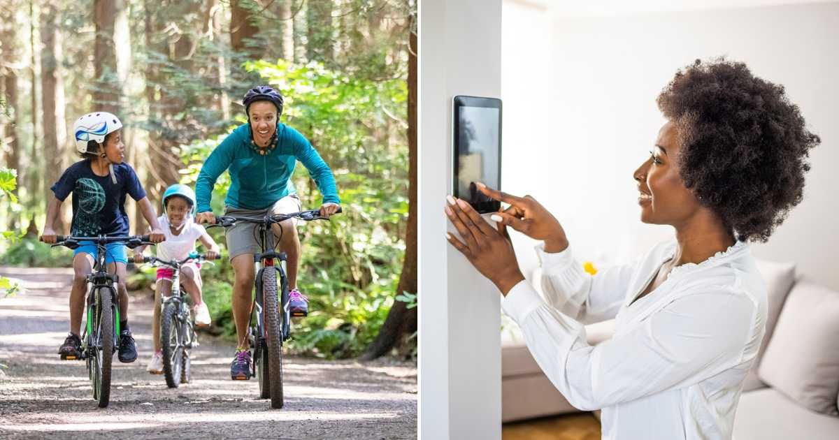 (L) Kids riding their bicycles. (R) A woman is checking the home security camera. (Representative Cover Image Source: Getty Images | L - Noel Hendrickson, R - dragana991)