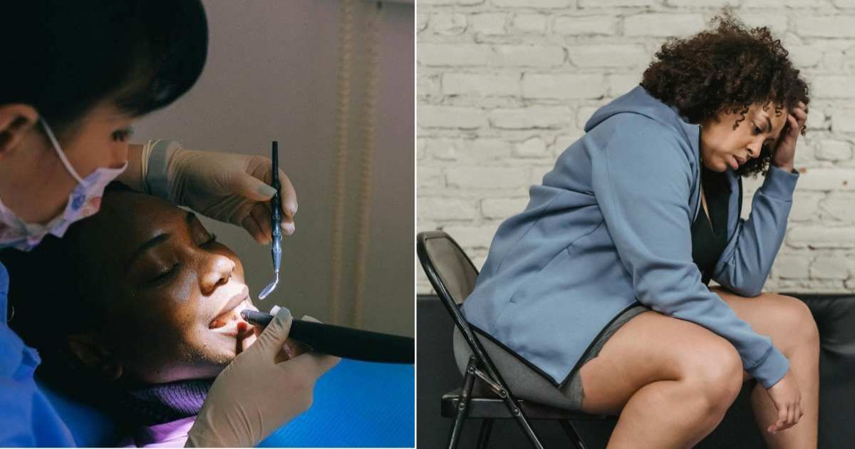 (L) A dentist examining a patient. (R) A woman is scared and worried. (Representative Cover Source: Pexels | (L) Anna Shvets; (R) Julia Larson)