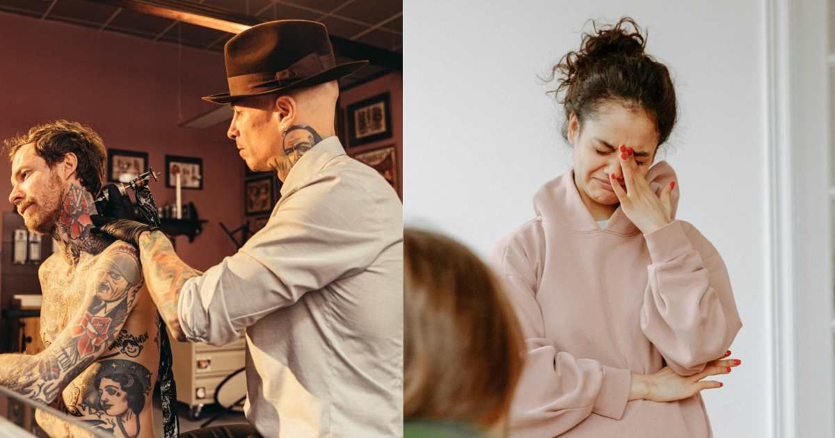 (L) Man getting a tattoo on his neck. (R) A teenage girl is crying.  (Representative Image Source: Pexels | (L) Antoni Shkraba Studio, (R) Polina Zimmerman)