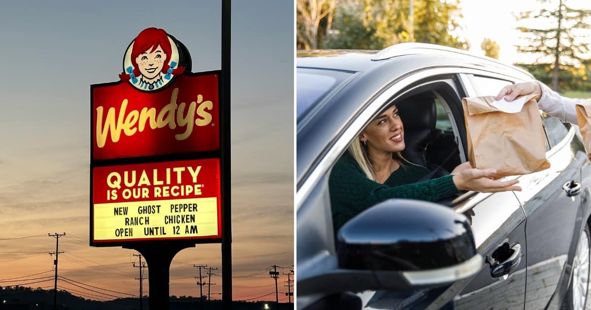 (L) Signboard of the Wendy's store. (R) A woman is taking her order from a drive-through. (Representative Cover Image Source: Getty Images | Fotostorm)