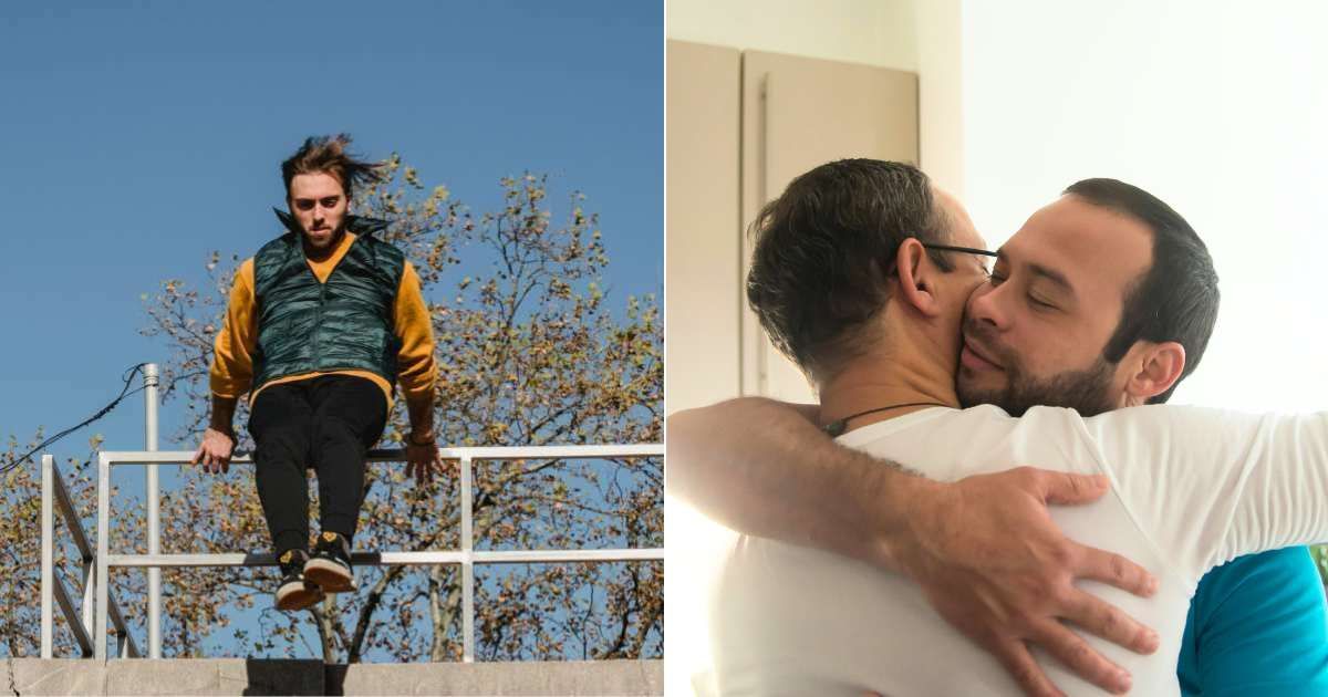 (L) A man jumping. (R) A man supportively hugging a friend. (Representative Cover Source: Pexels| L - Mary Taylor, R - Kampus Production)