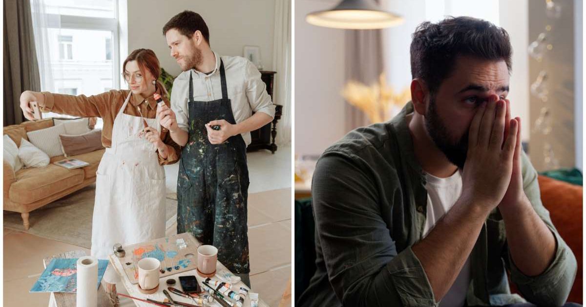 (L ) A couple enjoying as they paint on date night. (R) A man looks emotional and holds back tears. (Representative Cover Image Source:  (L) Pexels | Thirdman, (R) Getty Images| Yuliia Kaveshnikova)