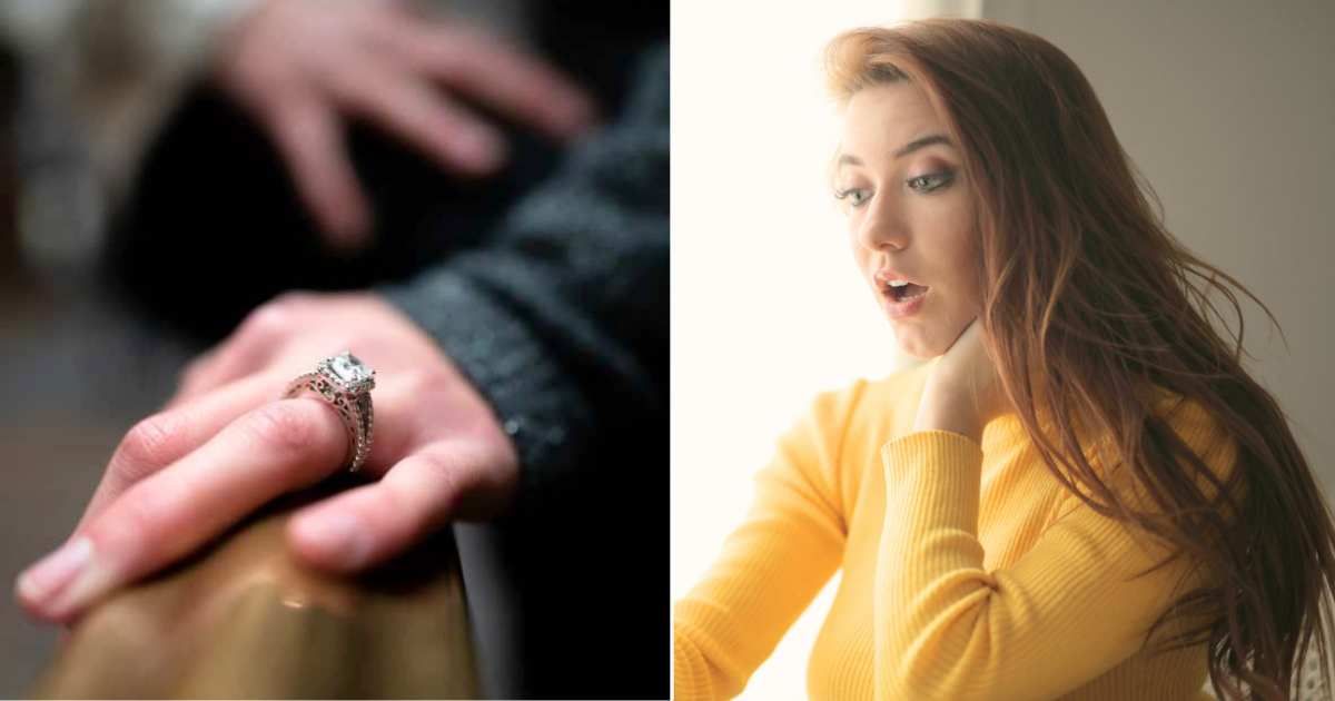 (L) Woman wearing a diamond engagement ring. (R) A young, shocked woman. (Representative Cover Image Source: Pexels | (L) Thomas Bird, (R) Andrea Piacquadio)