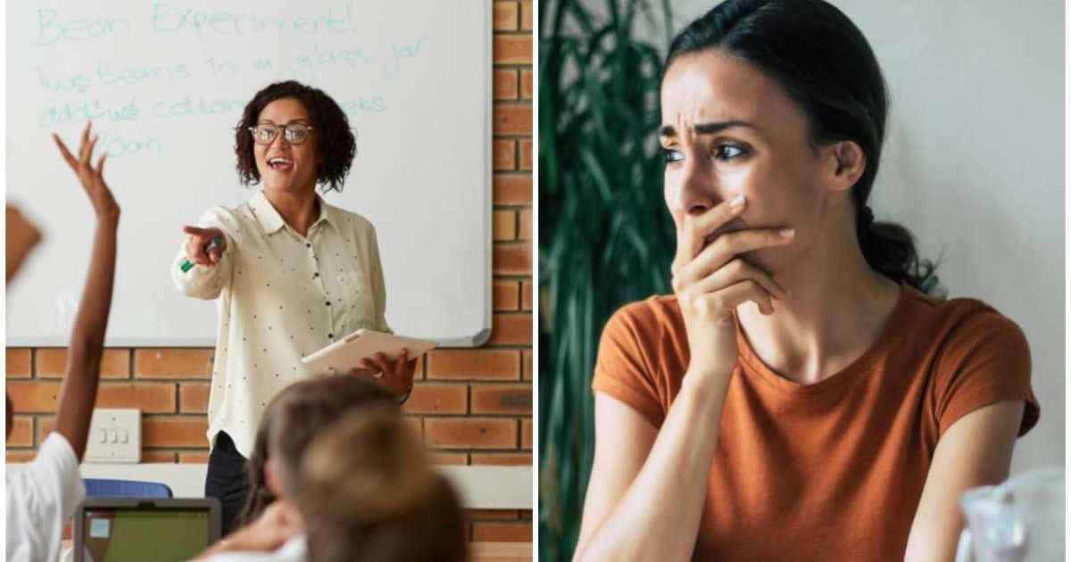 (L) A teacher with kids raising hands in school. (R) An emotional woman fighting back tears (Representative Cover Image Source: Getty Images | (L) Klaus Vedfelt, (R) Povozniuk)