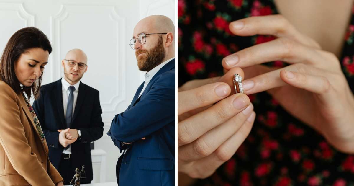 (L) Divorce lawyer talking to couple. (R) Woman removing ring. (Representative Cover Image Source: Pexels | (L) www.kaboompics.com, (R) Michelle Leman)
