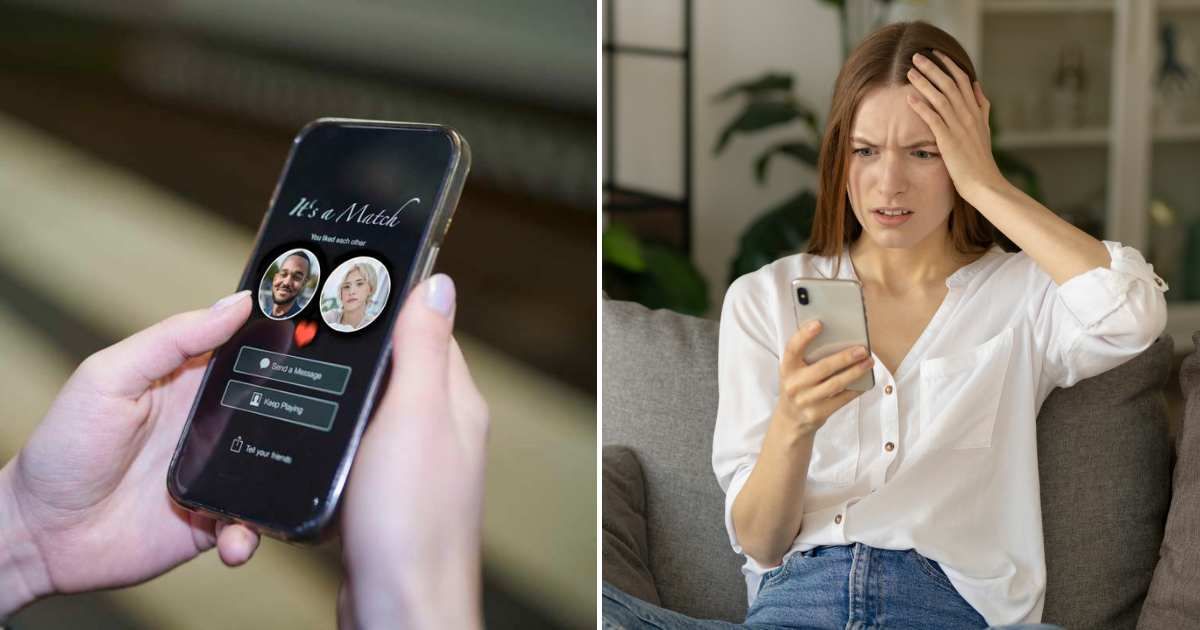 A close-up of a dating profile (L). A woman shocked after reading a text (R)(Representative Cover Image Source: Getty Images | Photo by Uwe Krejci and KucherAV)