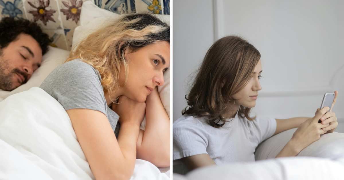 (L) Woman awake next to sleeping partner. (R) Woman looking at phone. (Representative Cover Image Source: Pexels | (L) Kampus Production, (R) Andrea Piacquadio)