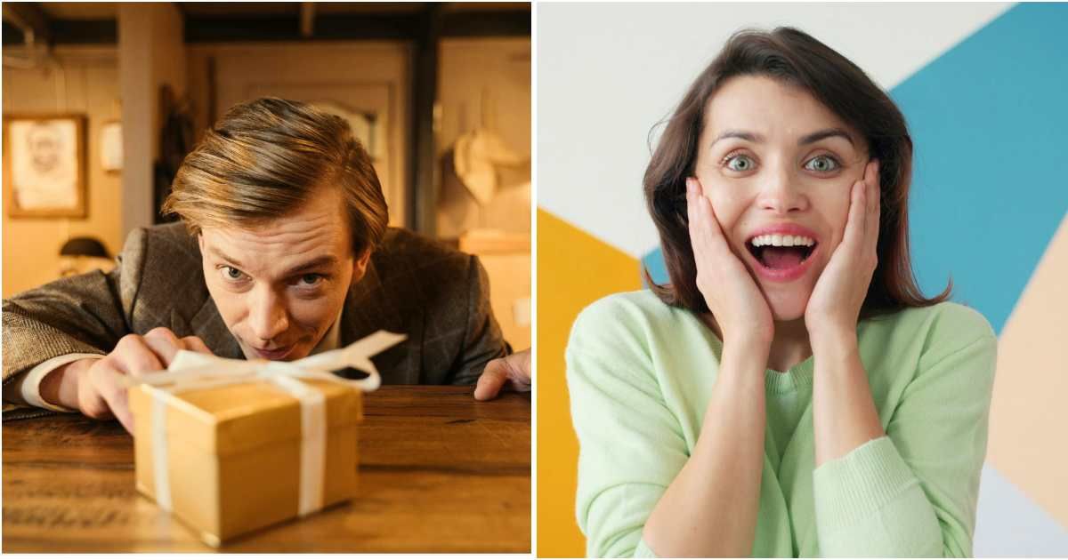 (L) Man giving a gift box to someone. (R) Woman impressed and surprised. (Representative Image Source: Pexels | (L) Cottonbro studio, (R) Vitaly Gariev)