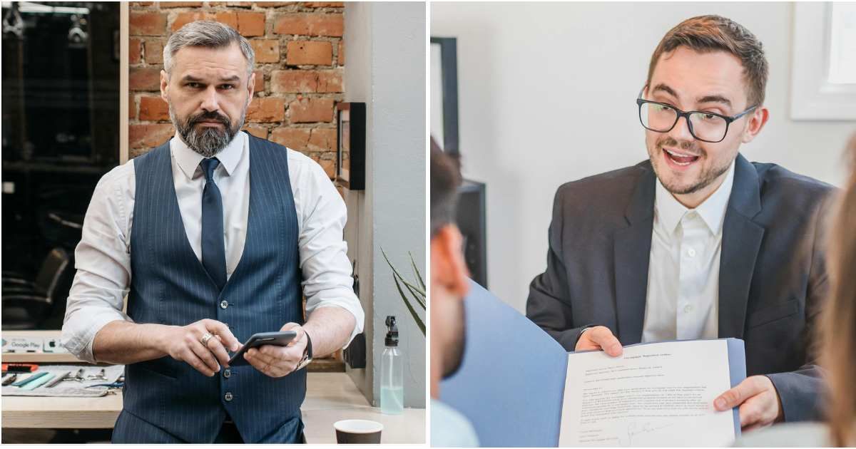 (L) Angrul businessman holding phone. (R) The salesman shows the document and smiles. (Representative Cover Image Source: Pexels | L - Pavel Danilyuk, R - RDNE Stock Project)