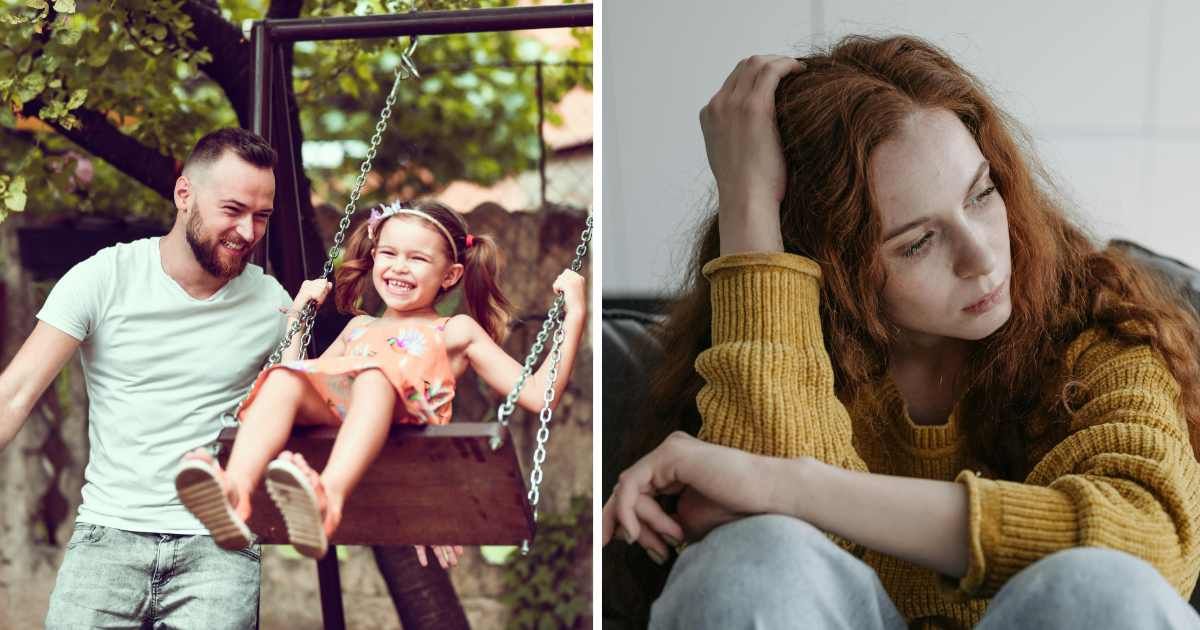 (L) Dad playing with daughter on swings. (R) Sad woman. (Representative Cover Image Source: Getty Images, Pexels | (L) Aleksandar Georgiev, (R) Pavel Danilyuk)