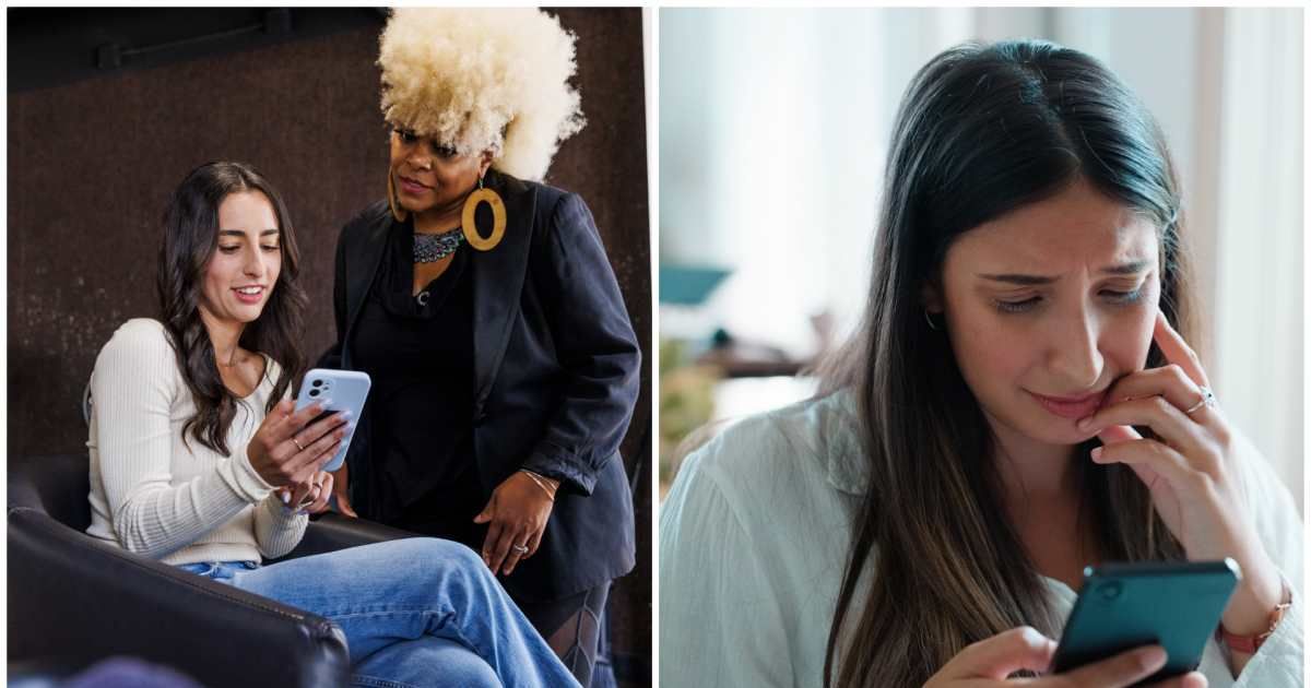 (L ) A hairdresser showing something to her client ; (R) A woman crying, looking at her phone (Representative Cover Image Source: Getty Images | Photo by (L) The Good Brigade ; (R) Bevan Goldswain)