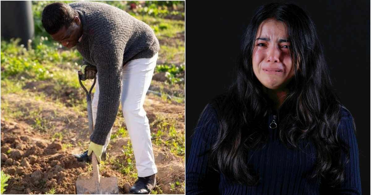 (L) Man digging with shovel. (R) Woman moved to tears. (Representative Image Source: Getty Images, Pexels | (L) JakcF, (R) İbrahim Halil Ölmez b)