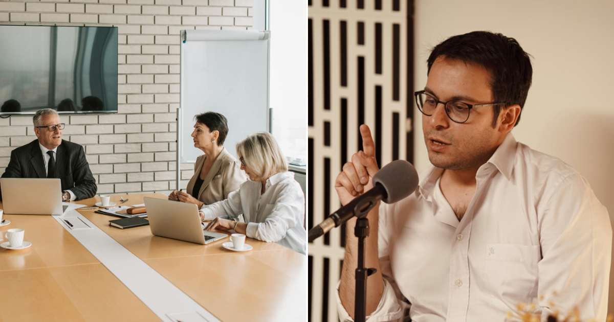 (L) A conference (R) A man talking (Representative Cover Source: Pexels | (L)  Vlada Karpovich; (R) Reza Tavakoli)