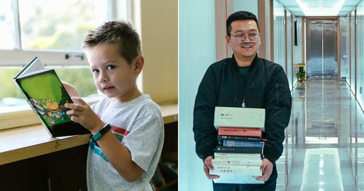 (L ) A boy holding a book and reading suspiciously ; (R) A man donating a box to charity (Representative Cover Image Source: Pexels| L - RDNE Stock Project, R - by 李奇)