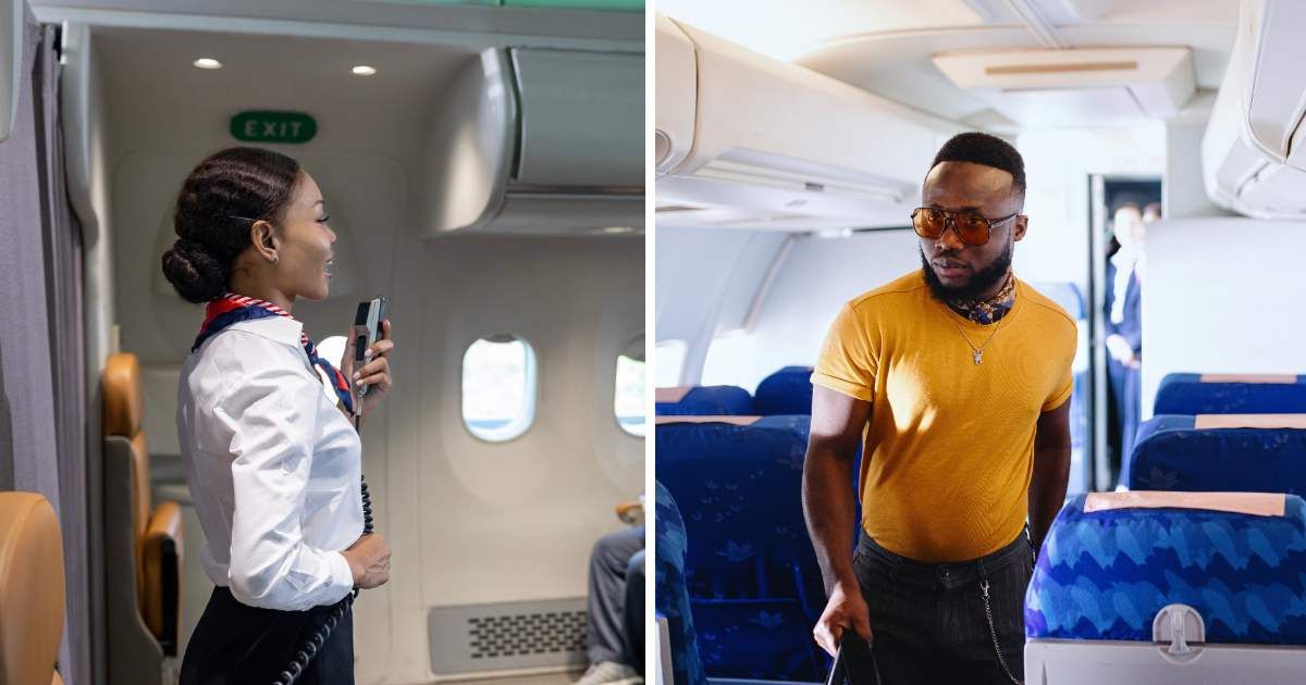 (L) Flight attendant doing announcement. (R) Man walking in a plane. (Representative Cover Image Source: Getty Images, Pexels | (L)Akarawut Lohacharoenvanich, (R) Anchiy)