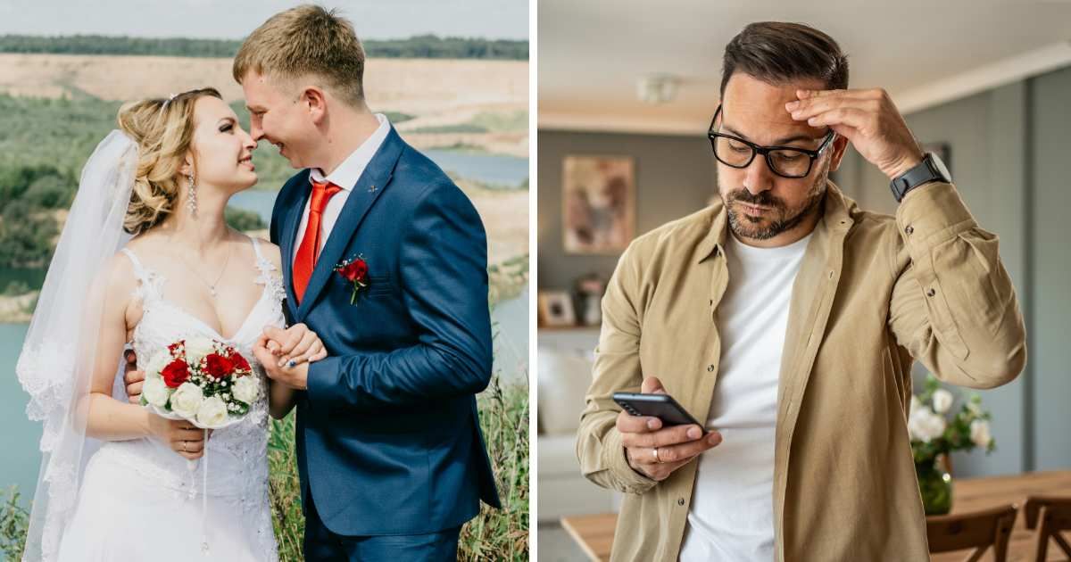 (L) Couple getting married. (R) Stressed man looking at phone. (Representative Cover Image Source: Pexels, Getty Images | (L) Irina Iriser, (R) Milan Markovic)