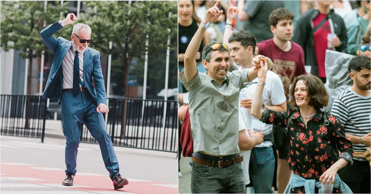(L) Elderly man dancing on the street. (R) Crowd smiling and cheering. (Representative Cover Image Source: L - Getty Images| Deagree, R - Pexels| Nolan Live)