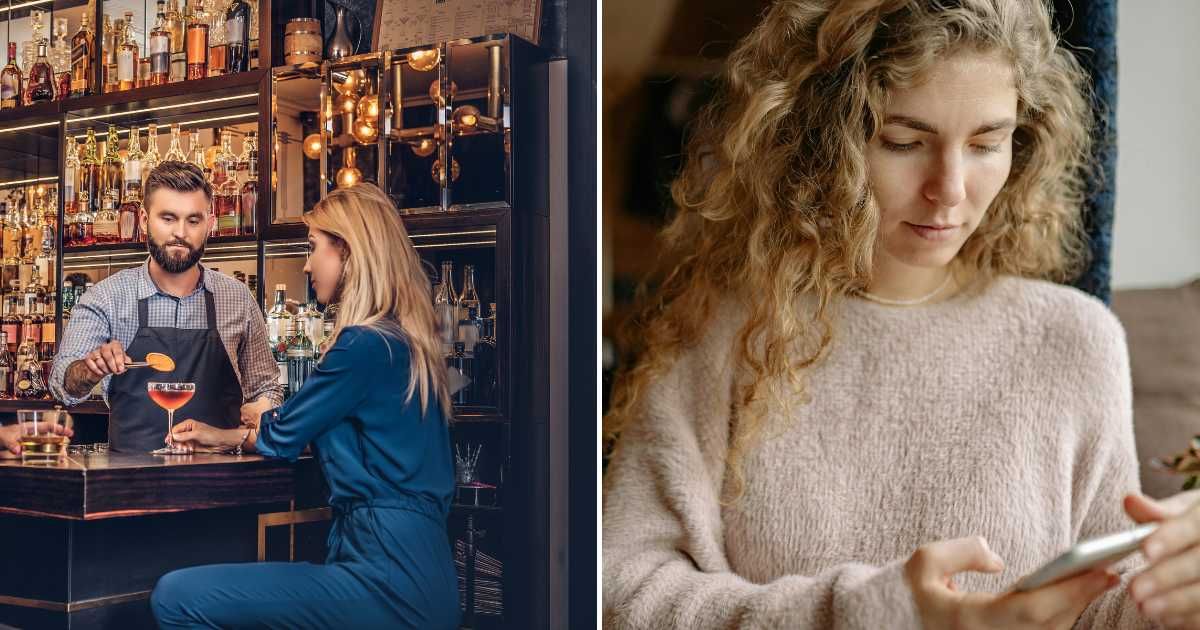 A bartender speaking to a woman (L). A woman checking a text with visible concern (R) (Representative Cover Image Source: Getty Images and Pexel | Photo by fxquadro and Yan Krukau)