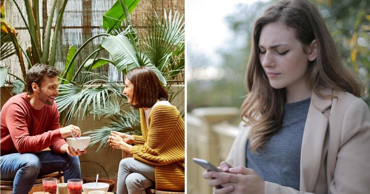 (L) Couple having breakfast together. (R) Woman annoyed looking at phone. (Representative Image Source: Getty Images, Pexels | (L) Morsa Images, (R) Andrea Piacquadio)